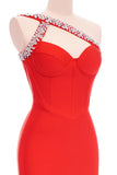 kamames Rhinestone One Shoulder Bandage Cocktail Dress - Red