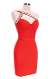 kamames Rhinestone One Shoulder Bandage Cocktail Dress - Red