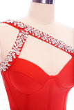 kamames Rhinestone One Shoulder Bandage Cocktail Dress - Red