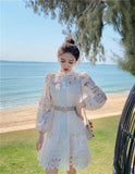 Runway Designer Spring Lace Party Dress  New Women Lantern Sleeve Hollow Out Dress Fashion Holiday Belt Mini Dresses