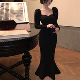 Kamames Black Elegant Evening Party Dress Women Slim French Vintage Y2k Midi Dress ladies Sexy Korean Fashion Dress Fishtail Winter