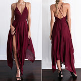 Kamames New Women Sexy Party Dress Spaghetti Strap V-neck Sleeveless Chiffon High Slit Irregular Mid Long Dress Vestidos