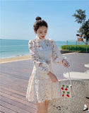 Runway Designer Spring Lace Party Dress  New Women Lantern Sleeve Hollow Out Dress Fashion Holiday Belt Mini Dresses