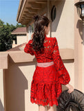 Runway Designer Spring Lace Party Dress  New Women Lantern Sleeve Hollow Out Dress Fashion Holiday Belt Mini Dresses