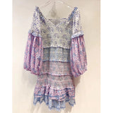 Kamames Floral Print Ruffle Dress for Women Vintage Summer Dress Puff Sleeve Ruched Ladies Dress Sexy Boho Party Dress