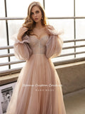 Kamames  Sweet Dusty Pink Prom Dresses Off Shoulder Long Sleeves Princess Party Dresses Pleated Tulle A-Line Formal Evening Gowns