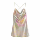 Kamames  Summer Slip Dress Women Za  Tie Dye Satin Short Woman Dresses Strappy Sexy Backless Strap Mini Dress Club Party Dresses