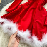 Women Elegant Dress For New Year  Strapless Backless Furry Sexy Short Mini Christmas Dress Navidad Red Party Dress Femme