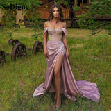 Kamames Dubai Prom Party Dresses Promdress High Split Beads Sequined Purple Evening Gowns Long Off Shoulder Celebrity Dress