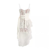 Kamames Lace High-low Sexy Summer Dress White Straps Belt Tied Women Dress D-ring Holiday Chic Ladies Party Dresses