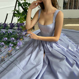 Kamames Chic Purple A-Line Long Satin Prom Dress With Pockets Sexy Square neck Lace-Up Corset Evening Gowns Saudi Arabia Party Dress