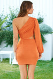 Vintage Long Sleeve Party Dress Women Summer  One Shoulder Cut Out Bodycon Dress Sexy Mini Birthday Dress Orange Blue