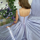 Kamames Chic Purple A-Line Long Satin Prom Dress With Pockets Sexy Square neck Lace-Up Corset Evening Gowns Saudi Arabia Party Dress