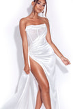 kamames White Satin Corset High Slit Gown