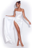 kamames White Satin Corset High Slit Gown