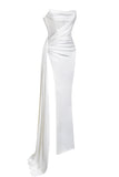 kamames White Satin Corset High Slit Gown