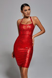 kamames Halter Black Metallic Bandage Dress - Red