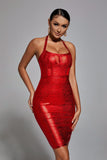 kamames Halter Black Metallic Bandage Dress - Red