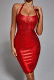 kamames Halter Black Metallic Bandage Dress - Red