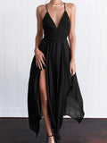 Kamames New Women Sexy Party Dress Spaghetti Strap V-neck Sleeveless Chiffon High Slit Irregular Mid Long Dress Vestidos