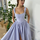 Kamames Chic Purple A-Line Long Satin Prom Dress With Pockets Sexy Square neck Lace-Up Corset Evening Gowns Saudi Arabia Party Dress