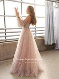 Kamames  Sweet Dusty Pink Prom Dresses Off Shoulder Long Sleeves Princess Party Dresses Pleated Tulle A-Line Formal Evening Gowns