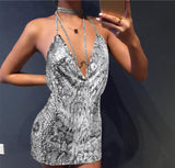 Kamames Handmade Backless Sequin Metal Mesh Dress Women Chain Halter Rhinestone Chain Slit Night Club Birthday Party Dress Mini