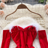 Women Elegant Dress For New Year  Strapless Backless Furry Sexy Short Mini Christmas Dress Navidad Red Party Dress Femme