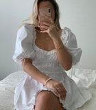 Kamames  puff sleeve mini Sexy white party dress ruffle summer dress square neck elastic bust super chic women dress new