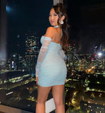 Casual Women's Dresses   Blue Bodycon Dress Long Sleeve Mesh Party Dress Elegant Off The Shoulder Celebrity Club Night Dress