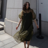 Kamames - Vintage High Street Midi Dress Women Loose Puff Sleeve Fairy Korean Party Dress Female Streetwear Casual Y2k Dress Summer