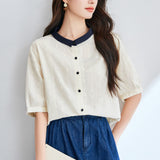 Cotton cocoon, color matching collar embroidered white shirt  summer new commuter casual women's Korean version versatile cardigan shirt