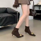 2025  Skinny boots popular new autumn and winter with skirt metal buckle pointed head thin heel medium heel temperament  low heel short boot velvet