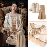 new Chinese style lace sleeves children loose button top temperament light luxury skirt suit women MX103