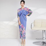 2025 High-quality women's clothing fashion dress women's spring and summer new printed bat sleeves to cover the belly and look thin and elegant long dress