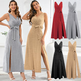 Sexy Sleeveless V-neck Slit Slim-Fit Long Dress Shiny Dress Hot Trade Dress Summer  Women's Clothing plus Size