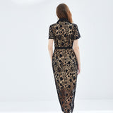 temperament light mature style dress women's summer single-breasted waist short-sleeved lace hollow sexy royal sister long dress
