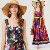 Popularan Station  spring and summer catwalk new high-end suspender printing long dress dress slim dress women