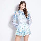 2025 suit women's sweet bow tie lantern long sleeve waist printed chiffon shirt + shorts two-piece set