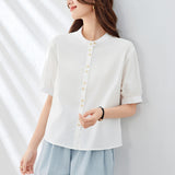 Cotton cocoon, thin blue shirt women's five-quarter sleeves  summer new crew neck top design loose shirt