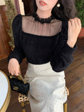 2025 popular autumn and winter new temperament stand-up collar mesh splicing bottoming shirt women's versatile top tide 89161
