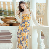 Retro Oil Painting Style Sexy High Waist Sling Dress 2024 Summer New High-Grade Mid-Length Dress