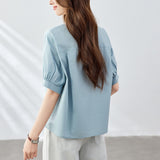Cotton cocoon, thin blue shirt women's five-quarter sleeves  summer new crew neck top design loose shirt