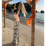 2025 Bohemian wide-leg pants women's summer blue plaid print split-ended drape trousers seaside wear pants beach culottes