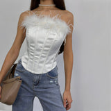 2025 High-end New fashion ostrich hair splicing fish bone vest spring and summer new strap waist tube top pure desire