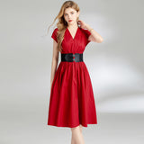 Red royal sister light and mature wind v-neck dress women's popular summer new sleeveless high waist slim and thin medium and long dress