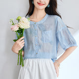 Cotton cocoon, summer new literary ramie retro embroidered shirt loose splicing printing thin shirt shirt