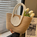 KAMAMES New Woven Bag Simple Back Shape Straw Handbag Crossbody Vacation Cotton String Commuting Women's Tote Bag