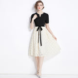 Celebrity temperament color matching fake two-piece three-dimensional flower nail drill pendulum dress women's summer popular new