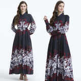 retro design sense printed bubble sleeves straps waist thin long dress temperament dress spring women